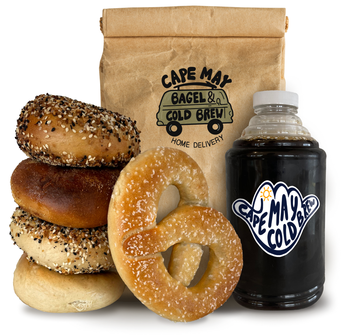 Group of bagels and cold brew with a delivery bag
